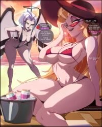 1angel 1demon 2024 2d 2girls angel angel_wings beach beer big_breasts bikini blonde_hair breasts demon_milf dialogue dialogue_box dialogue_bubble drink english_text felox08 female_only glasses hand_on_butt hat hazbin_hotel ice_bucket large_breasts light-skinned_female lilith_morningstar_(hazbin_hotel) long_hair lute_(hazbin_hotel) milf pale-skinned_female patreon patreon_logo patreon_url patreon_username revealing_swimsuit short_hair succubus tagme text_bubble thick_thighs twitter_link v_shape_bikini watermark white_hair wide_brim_hat yellow_eyes