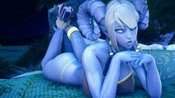 1girls ass big_breasts blue_eyes blue_skin breasts busty curvy draenei embarrassed female female female_only laying_down legs looking_at_viewer nipples_visible_through_clothing open_mouth red_cheeks shang shy solo thick thick_ass thick_thighs thighs thong warcraft white_hair world_of_warcraft wow yrel