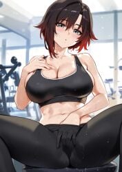 1girls ai_generated black_hair female female_only fingering fingering_self gym_uniform looking_at_viewer masturbation multicolored_hair red_hair ruby_rose rwby silver_eyes solo truck_kun