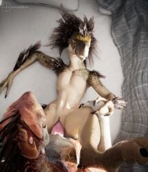 3_fingers alien animal_genitalia animal_penis anthro anthro_on_anthro arceronth arm_feathers arm_tuft avian bed brown_body brown_feathers claws cor_zan digitigrade duo feather_hair feather_tuft feathered_crest feathers female female_penetrated finger_claws fingers flat_chested furniture genitals halo_(series) hand_on_hand head_crest hi_res high-angle_view ibie'shan kig-yar lying male male/female male_penetrating male_penetrating_female microsoft on_back on_bed penetration penile penile_penetration penis penis_in_vagina pink_penis pseudo_hair pupils quill_hair raised_leg scalie sex shoulder_tuft slit_pupils t'loaki t'vaoan tan_body tuft vaginal_penetration vulva xbox_game_studios yellow_eyes