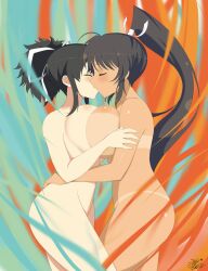 2017 arm_grab artist_signature ass asuka_(senran_kagura) aura birthday black_hair breasts brown_hair closed_eyes hair_ribbon happy_birthday higher_resolution_available hip_grab homura_(senran_kagura) kiss kissing long_hair marvelous medium_hair nude rexy-stark senran_kagura tagme tied_hair tongue_kiss yuri