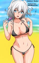 areolae beach bikini black_bra black_panties blue_eyes guyra_manni kantai_collection kashima_(kantai_collection) medium_breasts nunhes ocean pointing pregnancy_test pregnant saikomenescreft signature standing white_hair