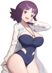 1girls :d blue_one-piece_swimsuit blush breasts brown_eyes cleavage collarbone commentary_request covered_navel female game_freak gonzarez highres lab_coat large_breasts looking_at_viewer nintendo one-piece_swimsuit open_mouth philena_ivy pokemon pokemon_(anime) pokemon_(classic_anime) purple_hair short_hair simple_background smile solo swimsuit thighs white_background