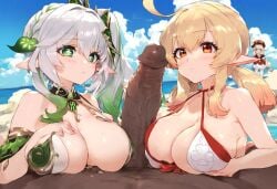 1boy 2girls aged_up ai_generated big_breasts breasts clothed_female_nude_male dark-skinned_male fellatio genshin_impact imminent_oral imminent_sex internal interracial klee_(genshin_impact) looking_at_viewer nahida_(genshin_impact) nude_male oral paizuri pov sex threesome