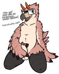 accipitrid accipitriform aliasing alpha_channel anthro avian beak bird buteo chickenhawk dialogue english_text erection eyewear eyewear_only feathered_wings feathers genitals glasses glasses_only hi_res holding_penis horn male male_only naked nude penis red-tailed_hawk solo text trout_(artist) wings