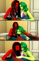 1boy 2girls 3d betty_ross big_breasts blowjob fellatio female female_focus green_skin hulk_(series) jennifer_walters light_skin lips male male/female marvel marvel_comics oral peter_parker pof3445 red_she-hulk red_skin she-hulk sims4 size_difference spider-man spider-man_(series) straight superhero thighs threesome