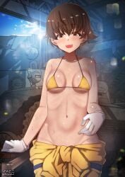 1girls aquaegg bikini blush breasts brown_eyes brown_hair female girls_und_panzer highres jumpsuit looking_at_viewer medium_breasts military_vehicle motor_vehicle nakajima_(girls_und_panzer) navel no_panties open_mouth short_hair smile solo sweat swimsuit tank yellow_bikini