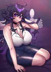 big_breasts black_skirt blush crawling_dreams curvy dark_hair huge_breasts long_hair looking_at_viewer midi_skirt nyarla_(crawling_dreams) office_lady osiimi pencil_skirt purple_eyes sitting skirt skirt_suit thick_thighs tight_skirt