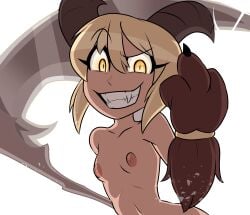 absurd_res absurdres baphomet blonde_hair budding_breasts demon demon_eyes demon_girl edgelords evil_grin fur game_cg horns looking_at_viewer middle_finger naked naked_female official_art scythe small_breasts transparent_background yellow_eyes