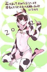 1boy black_hair blush bulge cow_boy cow_ears cow_horns cow_print cow_print_thighhighs cow_print_thong cowbell cowboy_shot crop_top erect_nipples femboy finger_up hoodie looking_at_viewer male_only on_knees original partially_clothed pink_nipples puckered_lips puffy_nipples sitting skimpy solo_male thighhighs thong trap