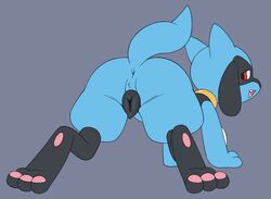 all_fours animal_genitalia animal_pussy anthro anus ass blush canine_pussy digital_media_(artwork) female genitals hi_res looking_at_viewer mammal nintendo nude open_mouth pokémon_(species) pokemon presenting pururing pussy riolu simple_background smile solo video_games young