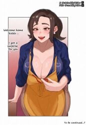 1girls breasts brown_eyes brown_hair cleavage cuddlephish0 female hi_res hips large_breasts light-skinned_female light_skin mature_female milf mother mother_(pokemon_sv) nintendo pokemon pokemon_sv ponytail short_hair smile thick_thighs thighs wide_hips