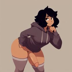 1futa ai_generated aifutalover black_hair bottomless elbow_gloves futanari gynomorph hoodie human looking_at_viewer lowres smug thighhighs