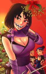 2d 3girls athletic athletic_female big_breasts black_hair blonde_hair blush breasts cassie_cage christmas cleavage cleavage_cutout cute dark_hair edenian female female_only fully_clothed hourglass_figure human humanoid kitana large_breasts legs mask masked mikeonhighway61 mileena mistletoe monster monster_girl mortal_kombat mortal_kombat_11 netherrealm_studios princess sharp_teeth tarkatan thighs upper_body voluptuous