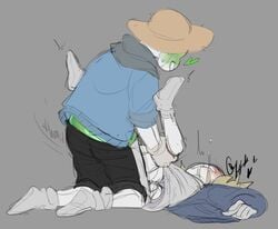 2021 anal blush farm_sans farmer farmtale_sans gay green_blush grey_background heart holding_legs horror_sans horrortale horrortale_sans red_blush sans sans_(farmtale) sans_(horrortale) sans_au sans_oc sanscest selfcest siiversinss simple_background solid_color_background undertale undertale_au