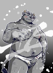 2021 anthro belly bodily_fluids bovid bovine bulge cattle clothing erection genital_fluids genitals humanoid_genitalia humanoid_hands humanoid_penis kemono male mammal moobs navel nipples overweight overweight_anthro overweight_male penis precum solo takagi_kyou underwear