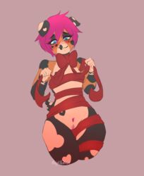 2020 andromorph anthro billie_corneja blue_eyes blush brown_body bunnywhiskerz cuntboy domestic_pig femboy genitals girly grey_background hair hi_res intersex mammal pink_hair pussy ribbons simple_background smile solo suid suina sus_(pig)