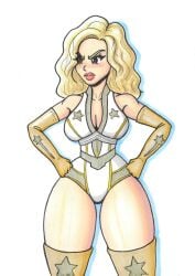 angry annie_january blonde_hair blush brown_eyes brownpidgeon cleavage female female_only fully_clothed gloves gold_clothes hand_on_hip humiliation revealing_clothes skimpy_clothes starlight_(the_boys) superheroine the_boys thick_thighs wide_hips