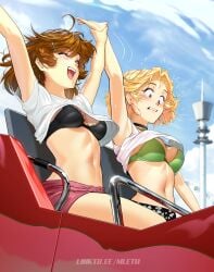 2girls ahoge amusement_park arm_up arms_up black_bra black_choker blonde_hair blue_sky bra breasts brooke_(mleth) brown_hair choker commentary english_commentary floating_hair green_bra happy highres linea_alba mathias_leth medium_breasts medium_hair mleth multiple_girls open_mouth original outdoors paid_reward_available petite pink_shorts roller_coaster scared short_hair shorts shouting sitting sky small_breasts stina_(mleth) toned underwear wardrobe_malfunction wind wind_lift