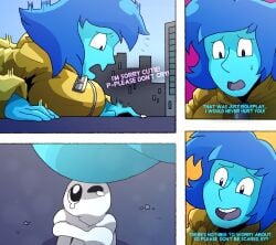 1boy 1girls 2d anon bikini blue_hair blue_skin breast_squish buildings cartoon_network clothed_female color comforting featureless_male gem_(species) gentle_giantess giantess headpats lapis_lazuli_(steven_universe) larger_female laying_on_stomach lewdssonk outdoors rain_coat revealing_clothes size_difference smaller_male steven_universe teary_eyes text thesigmaarts