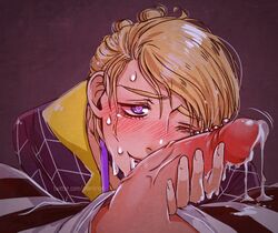 2boys big_penis blonde_hair blush cum_drip cum_in_mouth cum_on_face dripping_cum excessive_cum facial femboy first_person_view flaccid gay genital_piercing heart-shaped_pupils holding_penis jojo's_bizarre_adventure looking_at_viewer male_only male_pov partially_clothed pov prosciutto risotto_nero solo_focus veiny_penis vento_aureo yaoi