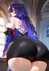 1girls ahoge ai_generated ass big_ass blue_eyes blue_hair bubble_butt female female_only floox honkai:_star_rail huge_ass long_hair long_sleeves nipples rear_view seele_(honkai:_star_rail) shirt_lift solo solo_female tagme thick_thighs thighs thunder_thighs tight_shorts wide_hips