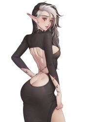 1girls absurd_res ass ass_cleavage backless_dress backless_outfit black_hair dress elf elf_ears elf_female female female_only fully_clothed green_eyes heterochromia long_hair looking_at_viewer looking_back looking_back_at_viewer mole mole_under_eye mole_under_mouth quilm rear_view red_eyes revealing_clothes smiling smiling_at_viewer solo two_tone_hair white_background white_hair zoelie_(sasha_khmel)