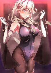 1girls absurdres black_leotard black_pantyhose blonde_hair blush braid breasts brown_eyes cape closed_mouth commentary cowboy_shot elbow_gloves faye_(fire_emblem) female female female_only fire_emblem fire_emblem_echoes:_shadows_of_valentia gloves hair_between_eyes highres large_breasts leotard long_hair looking_at_viewer musk nintendo pantyhose smile solo steaming_body sweat sweaty to_(tototo_tk) twin_braids white_gloves