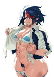 1girls abs ass before_and_after blue_eyes bra breast_expansion breasts cleavage deleted eyebrows eyelashes female female_only hips human human_only jacket kill_la_kill looking_at_viewer matoi_ryuuko multicolored_hair panties pubic_hair pussy solo thick_thighs thighs