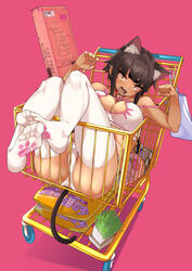 1girls 2020 bangs bare_shoulders bell_collar big_breasts cat_ears cat_girl cat_lingerie cat_pose cat_tail catgirl cleavage collar fang female_only jovejun lingerie looking_at_viewer original original_character partially_clothed shopping_cart shrunken_irises skimpy socks solo_female thigh_socks thighhighs tsubomioka_happa white_panties white_socks