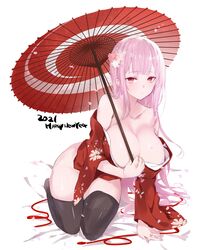 big_breasts cleavage english_text female hololive hololive_english hololive_myth kimono kogeneko looking_at_viewer mori_calliope open_kimono parasol pink_hair red_eyes signature stockings tagme thick thick_thighs virtual_youtuber voluptuous white_background