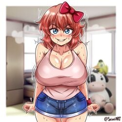 1girls artist_name big_breasts blue_eyes blue_shorts blush breasts cleavage clothed_female doki_doki_literature_club female female_only funny_face just_sayori light-skinned_female motion_lines nervous pink_hair pink_tank_top sayori_(doki_doki_literature_club) seireiart shorts solo solo_female sweat sweaty_body thick_thighs thighs watermark