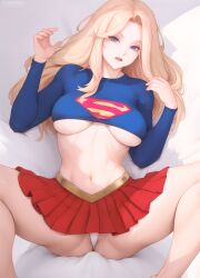 1girls bare_legs bare_midriff bare_thighs bed big_breasts blonde_hair blue_eyes clothed clothing color dc dc_comics female female_focus female_only flowerxl fully_clothed hi_res large_breasts light-skinned_female light_skin long_hair looking_at_viewer midriff midriff_baring_shirt on_bed panties revealing_clothes skirt solo solo_female supergirl superman_(series) tagme thick_thighs underboob underwear