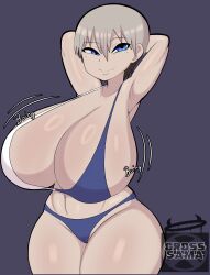 1girls armpits arms_up big_breasts bikini blue_eyes breasts busty cameltoe cleavage cross_samax female female_only hands_behind_head huge_breasts large_breasts looking_at_viewer massive_breasts shortstack solo swimsuit thick_thighs top_heavy uzaki-chan_wa_asobitai! uzaki_hana white_hair wide_hips