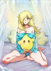 1girls artist_signature blonde_hair blue_eyes blue_fingernails blue_toenails cleavage cute dated in_bed legs light-skinned_female light_skin luma mario_(series) minacream princess_rosalina sleepwear sleepy wholesome