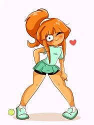 1girls bangs blue_eyes blush clothed cute female female_focus female_only freckles heart mymy_schoppenboer ongezellig orange_hair orange_skin ponytail pose safe_for_work solo tagme tennis_ball tennis_uniform wink winking winking_at_viewer