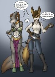 2girls anthro audry big_breasts blush blushing_profusely bondage_under_clothes brown_eyes brown_hair chastity_belt chastity_bra commission danaume elberik embarrassed embarrassing_outfit female female_chastity female_only furry_female furry_only han_solo_(cosplay) looking_away revealing_clothes revealing_outfit slave_bikini slave_leia_(cosplay) slavegirl squirrel squirrel_ears squirrel_girl squirrel_tail