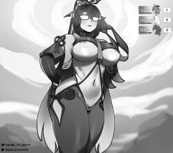 1girls adapted_costume angelicsavior1 black_and_white breasts female genshin_impact glasses hi_res hips large_breasts long_hair mature_female thick_thighs thighs underboob wide_hips xianyun_(genshin_impact)