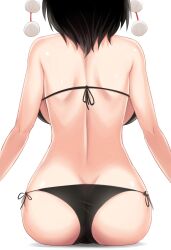 1girl 1girls ass back bare_arms bare_shoulders bikini black_bikini black_hair breasts commentary_request from_behind highres large_breasts pom_pom_(clothes) shadow shameimaru_aya short_hair side-tie_bikini_bottom simple_background sitting solo string_bikini swimsuit tagme touhou white_background wuwusan