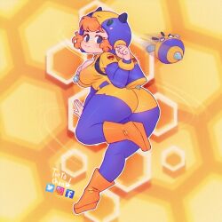 ass bea_(brawl_stars) bodysuit brawl_stars large_breasts looking_back orange_hair short_hair tortachan