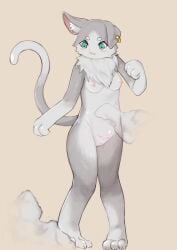 absurd_res anthro areola biped blush breasts felid feline felis female fur furry genitals green_eyes hi_res inner_ear_fluff mammal nipples pubic_tattoo puck_(re:zero) pussy re:zero_kara_hajimeru_isekai_seikatsu simple_background solo tuft white_body white_fur xux_(artist)