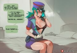 1girls abs ai_generated aroused aroused_face athletic athletic_female bed bedroom big_ass big_breasts big_butt big_thighs black_bra blush bra breasts calling caption collarbone comic comic_page comics curvy curvy_body curvy_female curvy_figure cute cute_face english english_text female green_hair holding holding_object holding_phone hoorpy hourglass_figure indoors junsar_(pokemon) nintendo officer officer_jenny_(pokemon) orange_eyes patreon patreon_logo patreon_username petite petite_body petite_breasts petite_female phone phone_call pokemon pokemon_legends:_z-a police police_hat police_officer police_uniform policewoman sexy sexy_body sexy_pose solo solo_female solo_focus story teeth text thick_thighs thighs undressing undressing_self uniform voluptuous voluptuous_female