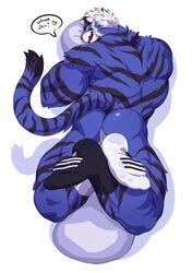 2021 absurd_res anthro ass back_muscles blue_body blue_fur bluedy_(estper) clothing dialogue english_text feet felid footwear fur hair heart hi_res inviting knees_up legwear legwear_only looking_at_viewer looking_back lying male mammal mismatched_socks mostly_nude muscular muscular_anthro muscular_male on_front open_mouth open_smile pantherine pillow simple_background smile socks socks_only soles solo striped_body striped_fur stripes talking_to_viewer text tiger tiger_est white_background white_hair