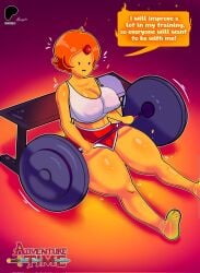 1girls adventure_time ass_visible_through_thighs big_penis cleavage clothed female_only fire flame_hair flame_princess francyart34 large_breasts nipple_bulge orange_body orange_skin ponytail red_hair shorts solo solo_female solo_focus text text_bubble thick_thighs thighs weightlifting weights wide_hips workout_clothes