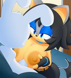 1boy 1girls anthro anthro_on_anthro black_hair blue_eyes breasts bunny_boy furry large_breasts large_penis makia_(slickehedge) nate_(mindnomad) original original_character outercourse paizuri penis short_hair slickehedge sonic_(series) topless