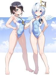 2girls amane_kanata angel_wings aqua_eyes ayagi_daifuku bare_shoulders barefoot black_hair blue_hair covered_navel grey_hair hair_intakes highleg highleg_swimsuit holoforce hololive hololive_gen_2 hololive_japan medium_breasts multicolored_hair multiple_girls one-piece_swimsuit oozora_subaru pink_hair short_hair small_breasts smile straight_hair thighs virtual_youtuber wet