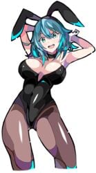 1girls arms_behind_head arms_up bunny_ears bunny_girl bunnysuit byleth_(fire_emblem) byleth_(fire_emblem)_(female) enpe fire_emblem fire_emblem:_three_houses large_breasts looking_at_viewer medium_hair nintendo open_mouth open_smile pose smile solo teal_hair