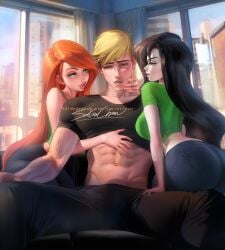 1boy 2girls athletic athletic_female athletic_male big_ass big_breasts black_hair blonde_hair breasts bust busty chest curvaceous curvy curvy_figure dark_hair digital_media_(artwork) disney disney_channel female fit_female fit_male ginger ginger_hair green_eyes hero heroine hips hourglass_figure huge_ass huge_breasts human kim_possible kimberly_ann_possible large_ass large_breasts legs light-skinned_female light_skin male male/female mature mature_female multiple_girls orange_hair red_hair ron_stoppable sakimichan shego slim_waist thick thick_hips thick_legs thick_thighs thighs villain villainess voluptuous waist wide_hips