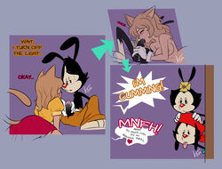 2020 2boys 2girls 3_toes 4_fingers accessory animaniacs animaniacs_(2020) anthro areola balls baseball_cap black_body black_fur blush bodily_fluids bottomwear breasts brown_body brown_fur brown_hair caught clothing comic dialogue domestic_cat dot_warner duo_focus english_text erection facial_markings felid feline felis fellatio female fingers flower flower_in_hair fur genitals gloves group hair hair_accessory handwear hat head_markings headgear headwear heart hulu inkblot kiseki_art male mammal markings mask_(marking) multicolored_body multicolored_fur nude oral pants penile penis plant purple_background sex signature simple_background skirt speech_bubble straight sweat tan_body tan_fur text toes tongue tongue_out two_tone_body two_tone_fur wakko_warner warner_brothers white_clothing white_gloves yakko_warner