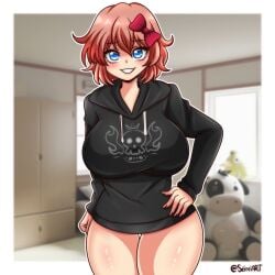 1girl 1girls artist_name artist_signature background big_breasts blue_eyes bottomless bow bow_in_hair breasts coral_pink_hair doki_doki_literature_club eyebrows_visible_through_hair female female_only hair hand_on_hip hips hoodie hourglass_figure just_sayori large_breasts mr._cow_(doki_doki_literature_club) no_pants pink_hair plushie room sayori_(doki_doki_literature_club) seireiart shiny_skin short_hair smile teeth thick_thighs thigh_gap thighs